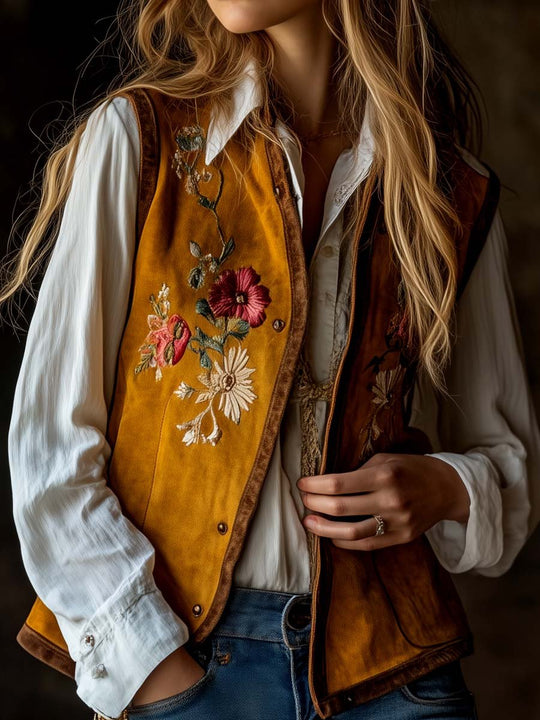 Women's Floral Embroidered Suede Vest