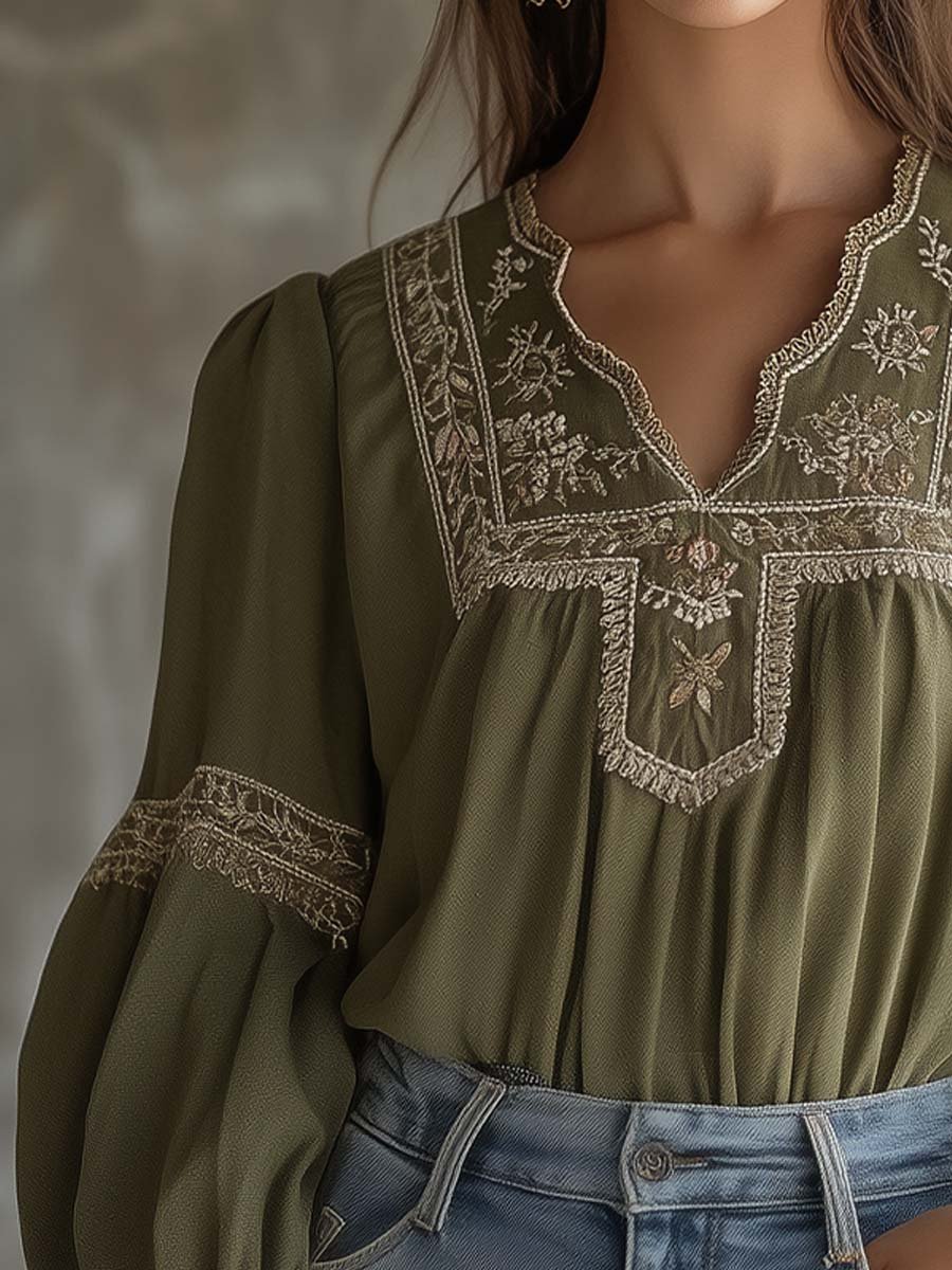 Vintage Olive Green Blouse with Intricate Embroidery