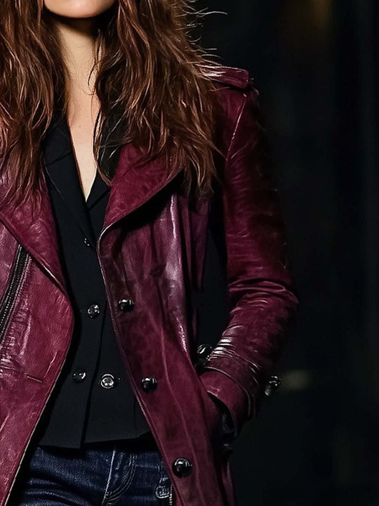 Women's Vintage Zipper Burgundy Leather Trench Coat