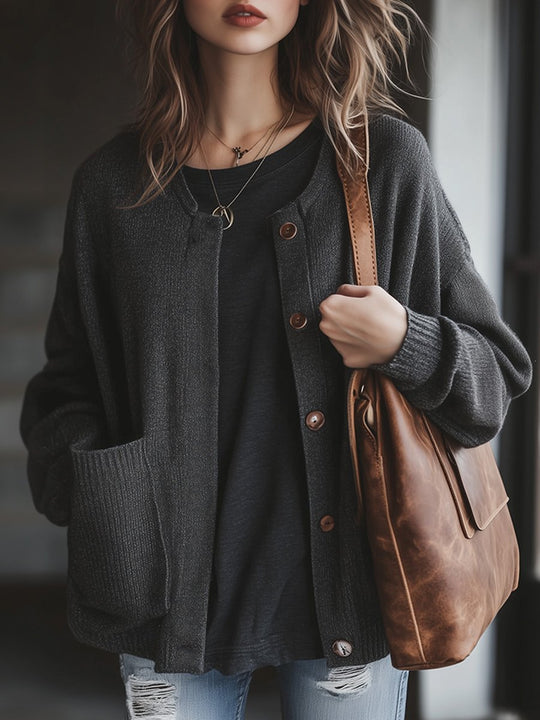 Casual Grey Basic Long-sleeved Knitted Cardigan