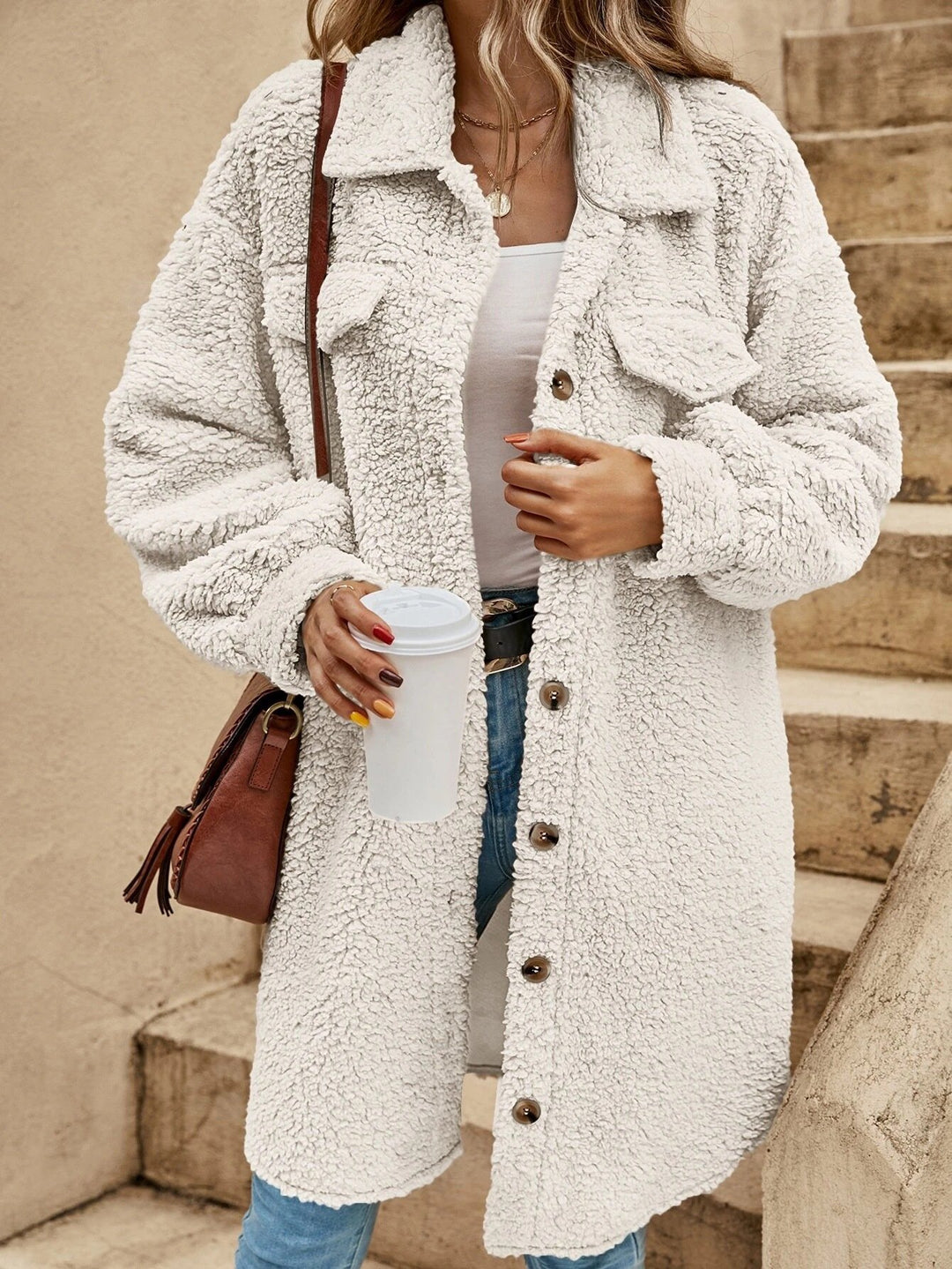 Stylish Loose-fit Button Down Mid-length Fleece Coat