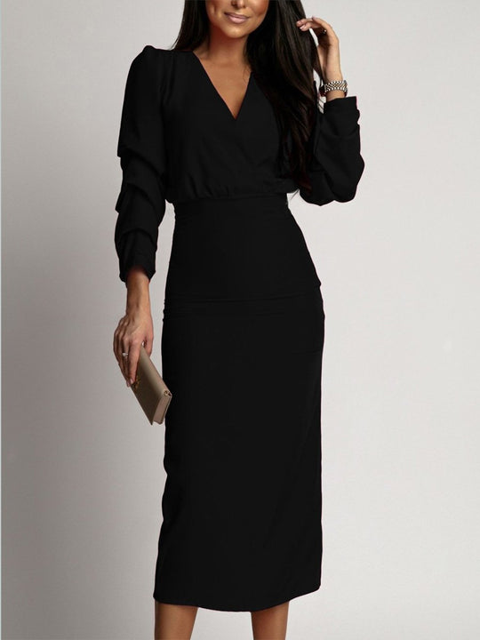 Solid Color Long Sleeve Elegant V-Neck Slit Dress