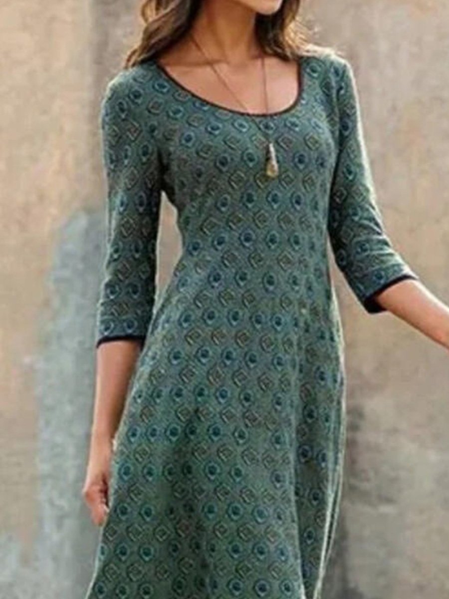 Retro Round Neck Bohemian Style Slim Midi Dress