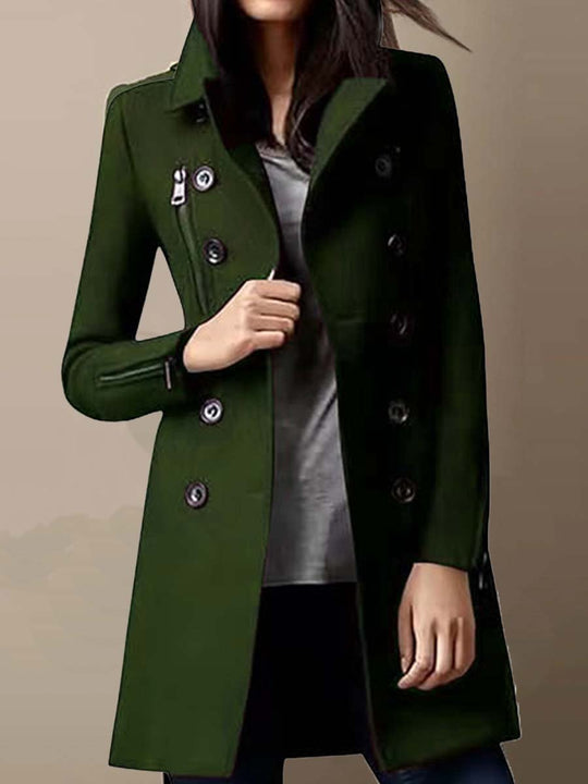 Women's Double-Breasted Multi-Pocket Woolen Coat