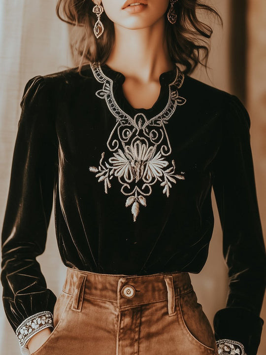 Bohemian Embroidery Round Neck Long Sleeves Velvet T-shirt