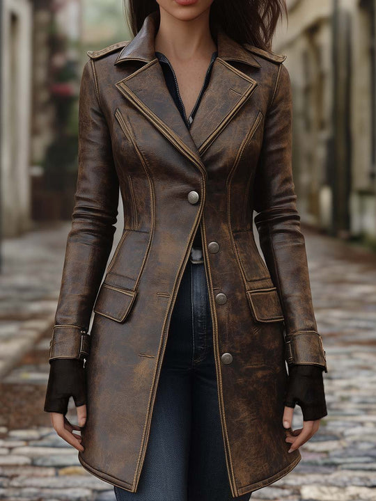 Vintage Lapel Button Leather Long Jacket