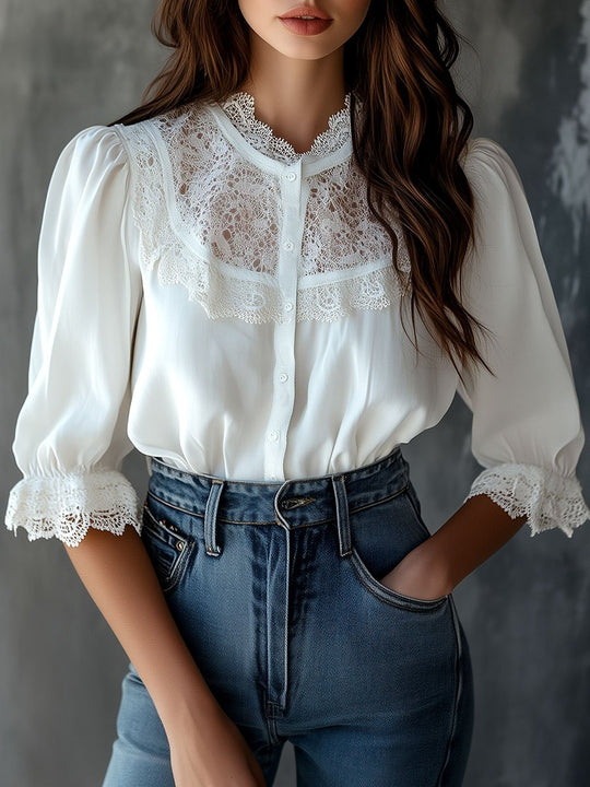 Elegant Round Neck Lace Patchwork Half-sleeve Shirt