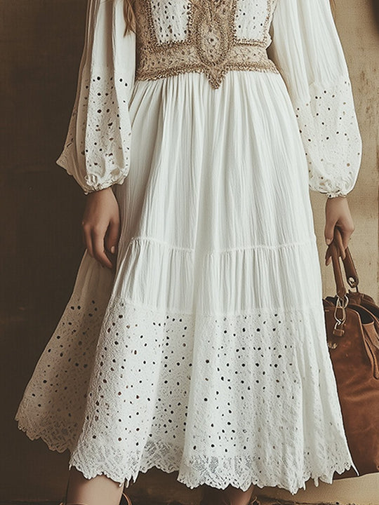 Boho Eyelet Lace Midi Dress