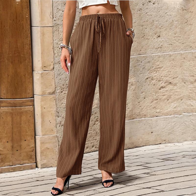 Women's High-waist Textured Lace-up Comfortable Straight Pants 82918397YM