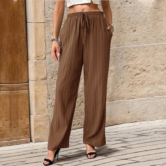 Women's High-waist Textured Lace-up Comfortable Straight Pants 82918397YM