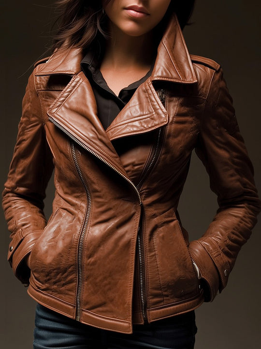 Women's Fashion Retro Lapel Zipper Heavy Leather Jacket