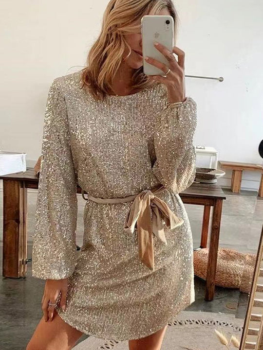 Sequined Fitted Lantern Sleeve Round Neck Belted Dress