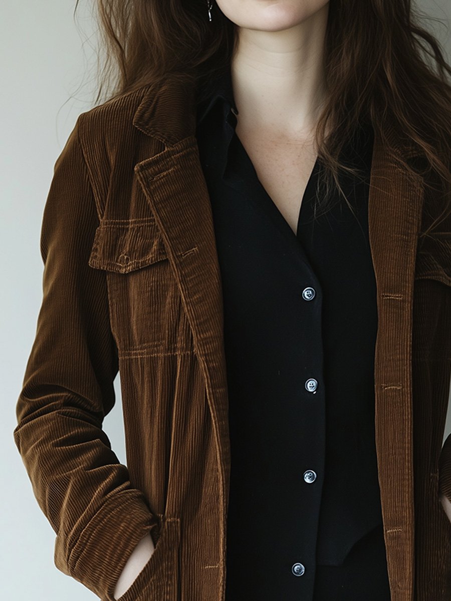 Brown Vintage Casual Corduroy Multi-Pocket Jacket