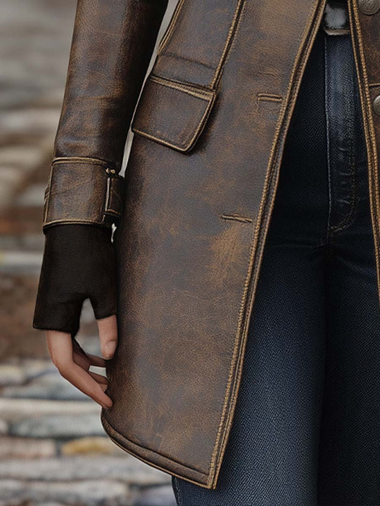 Vintage Lapel Button Leather Long Jacket