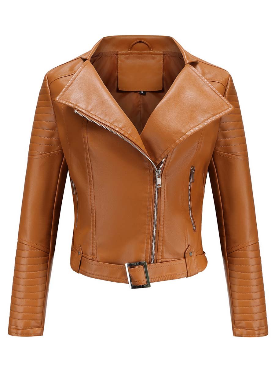 Women's Zippered Lapel Belt Leather Jacket Biker