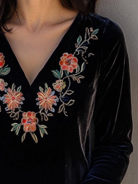 Casual Vintage V-Neck Velvet Embroidered Shirt