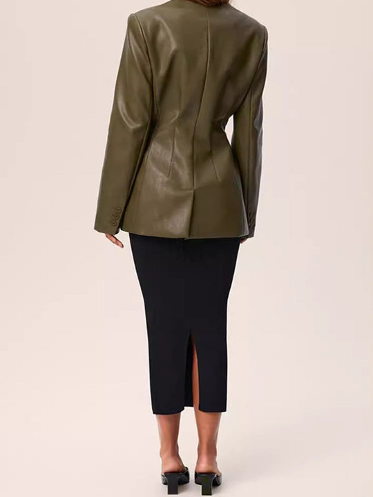 Fashionable Green V-neck Slim-fit Leather Blazer