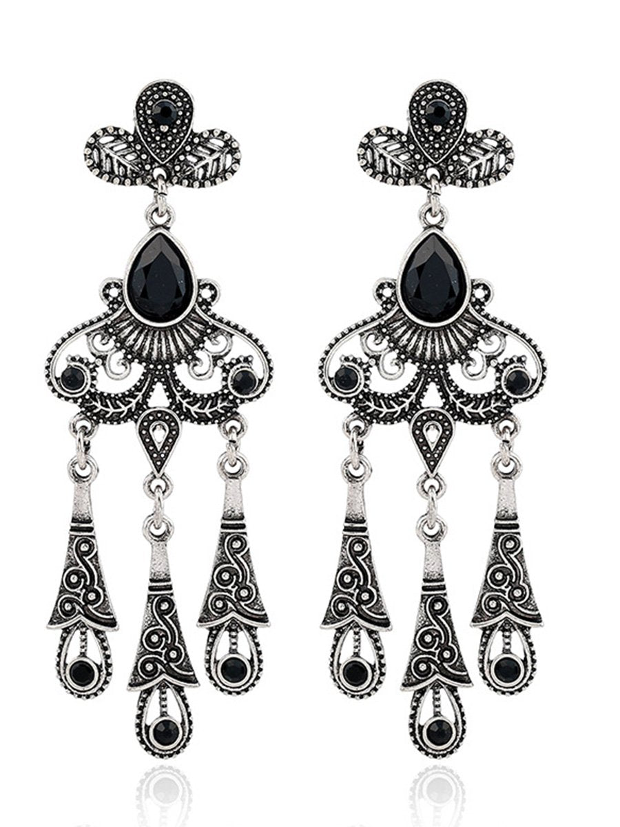 Retro Ethnic Style Hollow Leaf Gemstone Water Drop Tassel Earrings