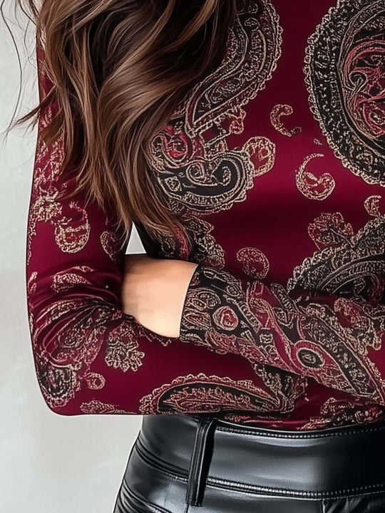 High Collar Slim Fit Paisley Long Sleeve T-shirt