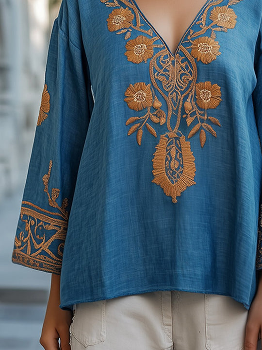 Boho Embroidered V-Neck Tunic Top