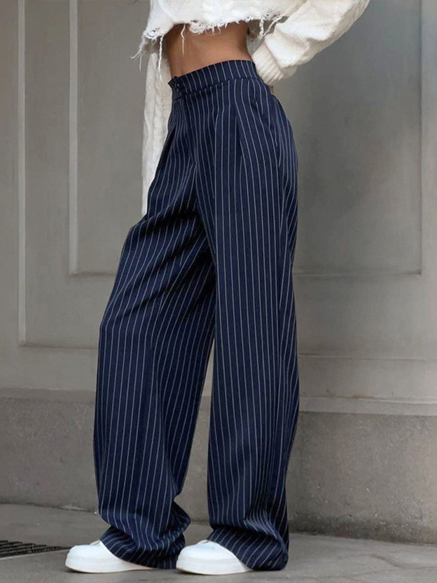 Casual Navy Blue Striped Wide-leg Pants