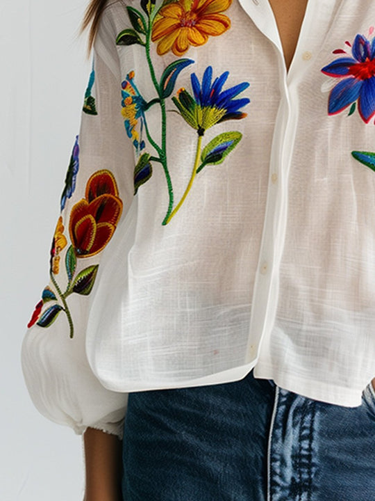 White Embroidered Cotton and Linen Long Sleeve Blouse