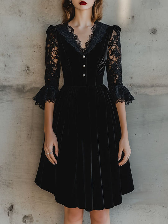 Elegant V-neck Lace Patchwork Velvet Midi Dress