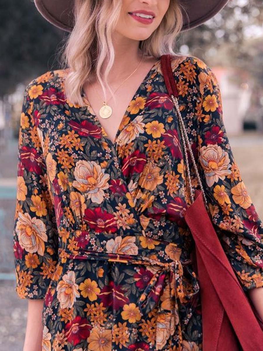 Retro Casual Long-sleeved Printed Maxi Dress