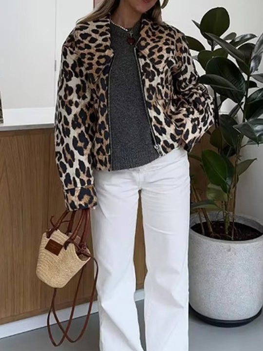 Fashionable Leopard Print Lapel Jacket