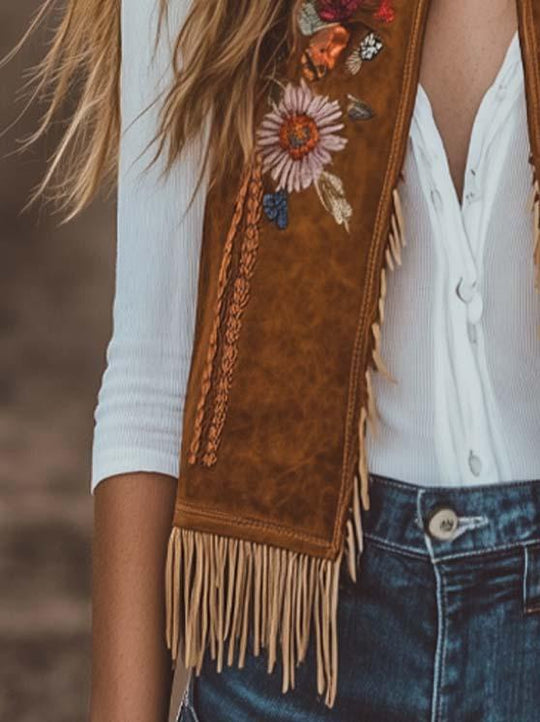 Women's Vintage Embroidered Fringe Hem Suede Vest