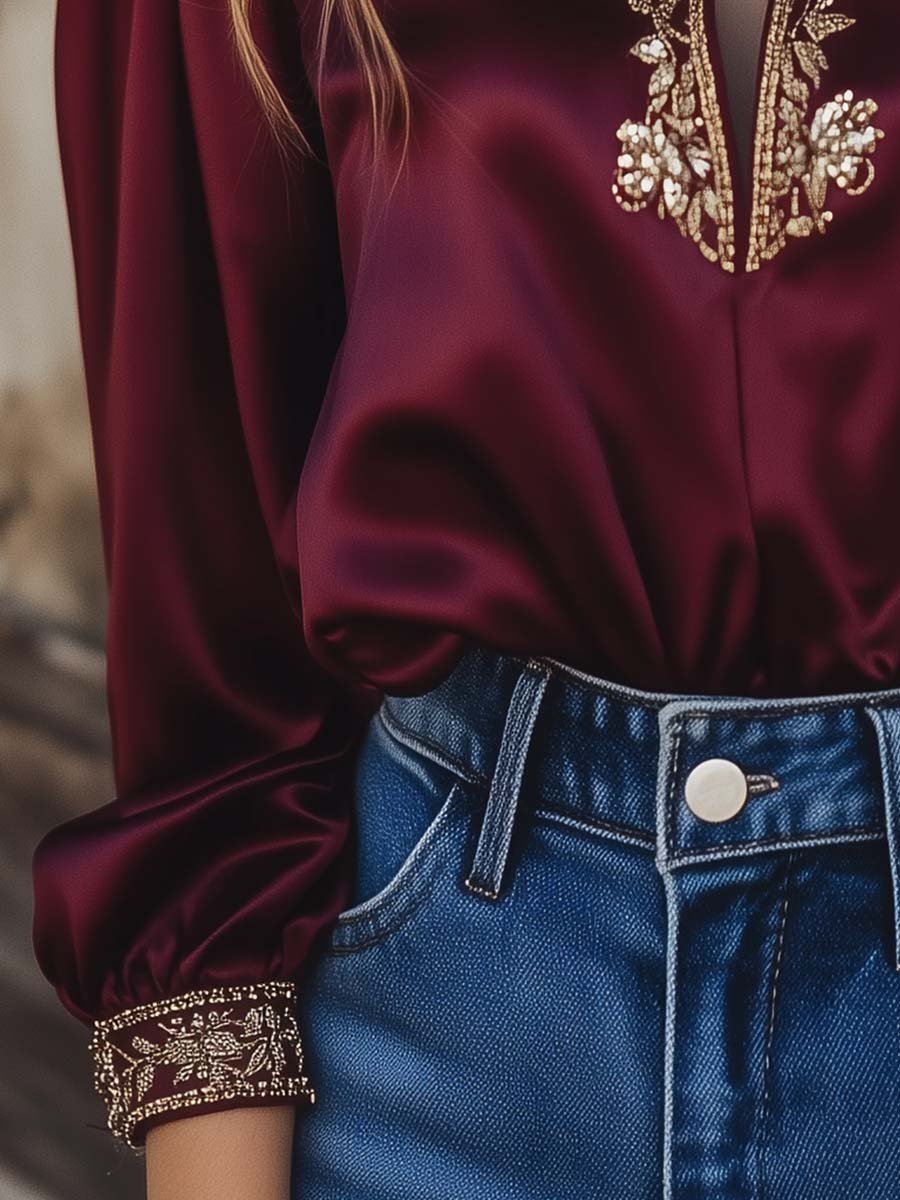 Women's Gold Embroidered Long Sleeve Satin Shirt