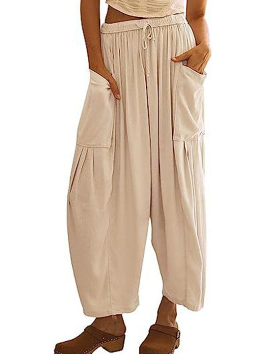 Elastic Waist Pleated Loose Casual Cotton and Linen High Waist Wide Leg Pants