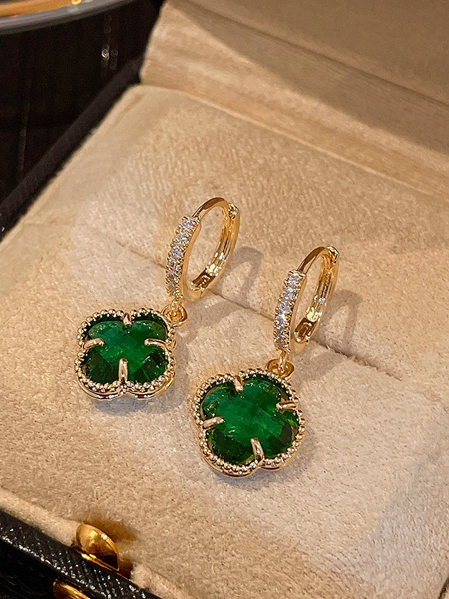 Emerald Crystal Flower Clip Earrings