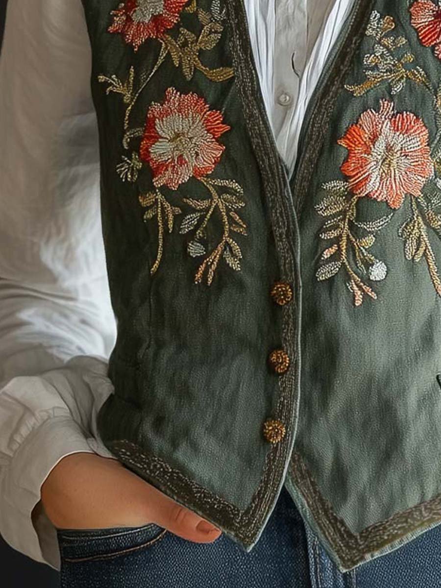 Olive Green Floral Embroidered Button-Up Linen Vest