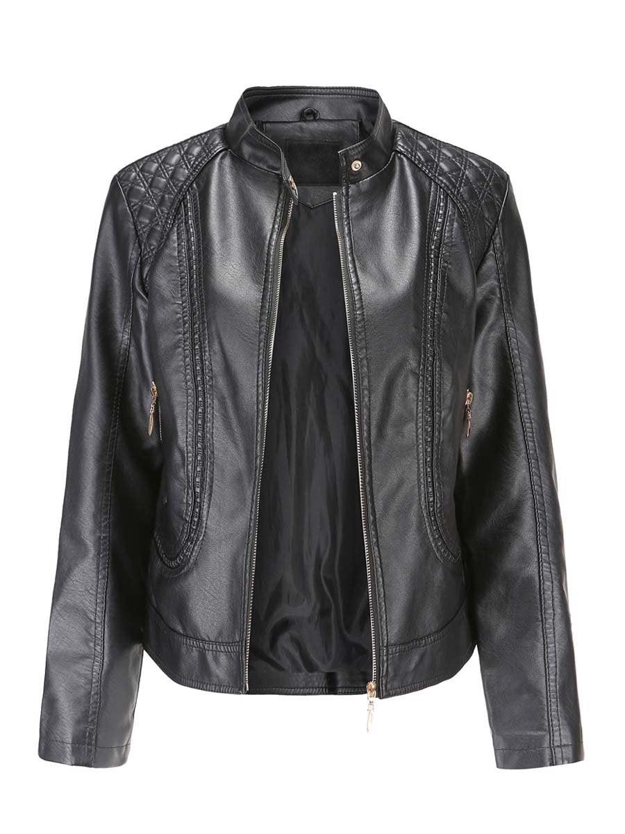 Women's Stand Collar Diamond Leather Biker Jacket