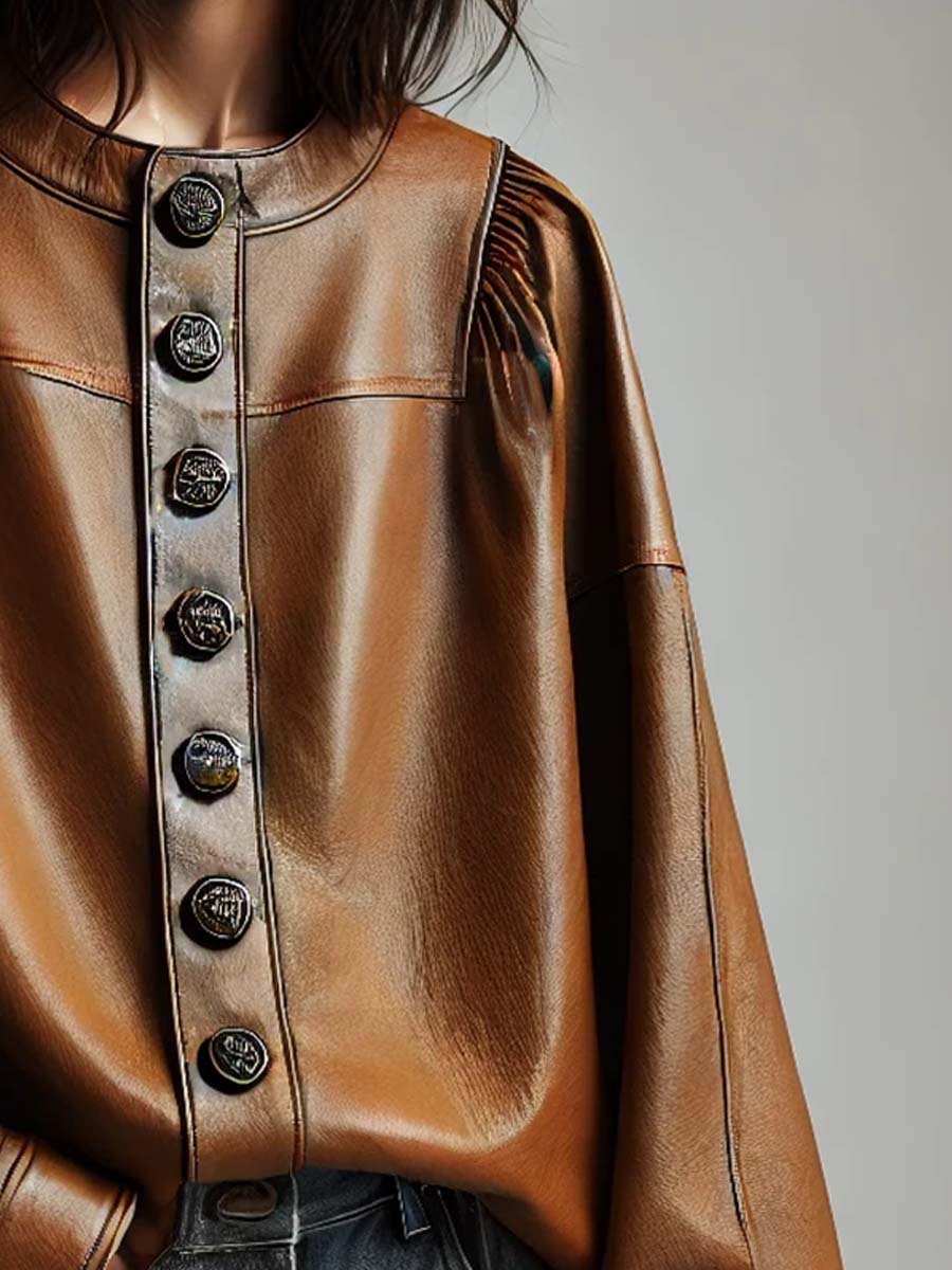 Women's Vintage Button-Down Leather Blouse