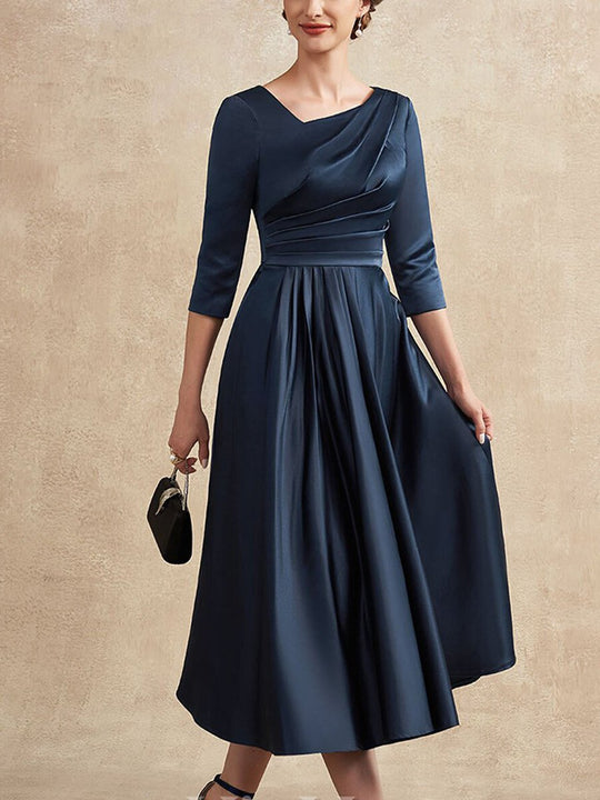 Asymmetrical A-Line Pleated Satin Midi Dress