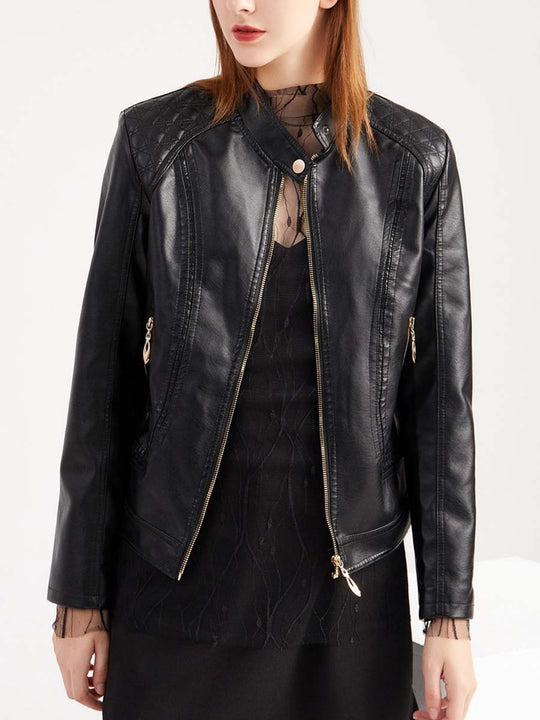 Women's Stand Collar Diamond Leather Biker Jacket