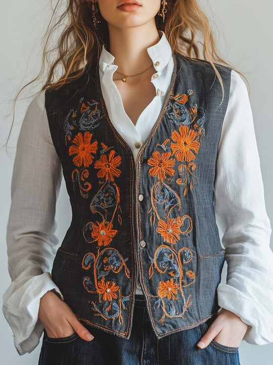 Dark Linen Floral Embroidered Button-Up Vest