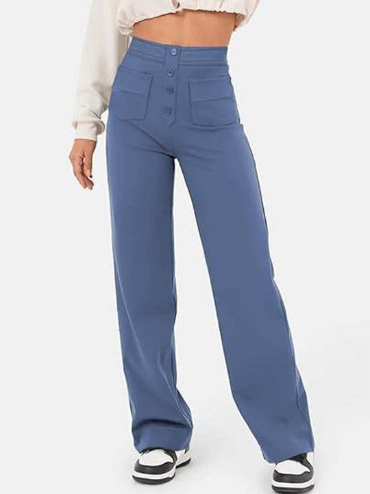 Women's Casual High Waist Button Elastic Straight Pants