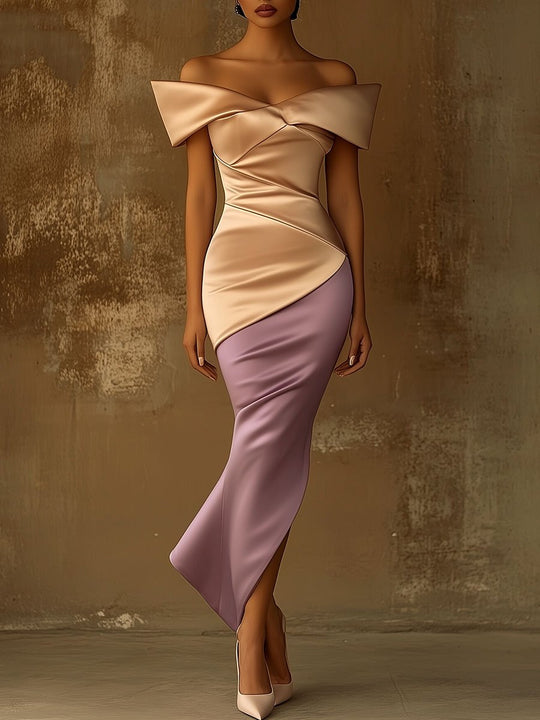 Elegant Off-shoulder Color-blocking Slit Satin Midi Dress