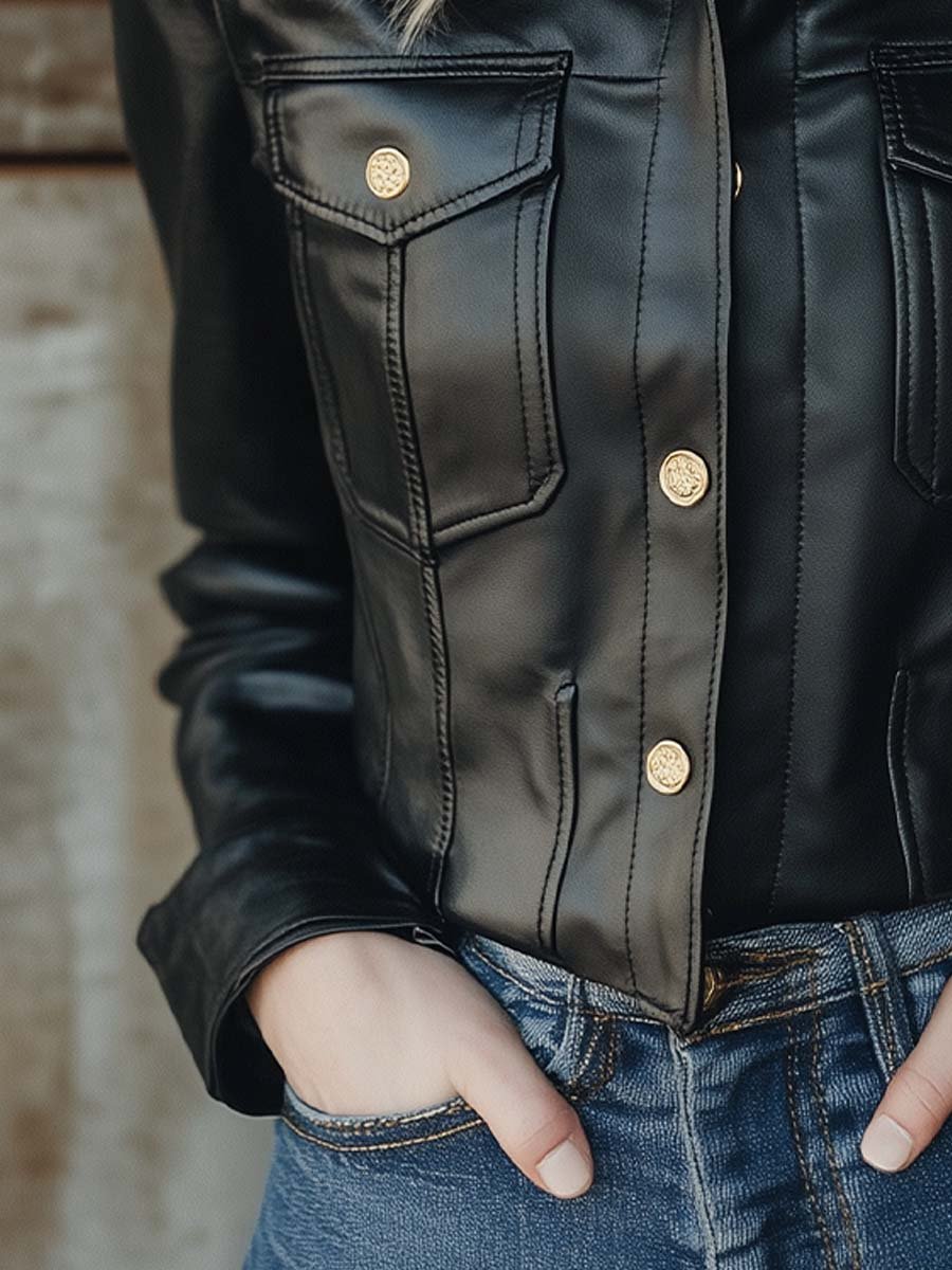 Vintage Gold Button Long sleeves Leather Shirt