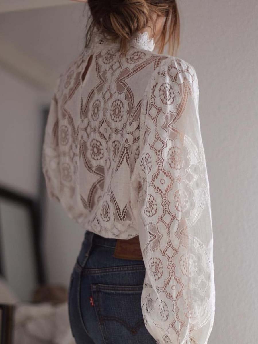 Women's Long Sleeve Stand Collar Lace Blouse