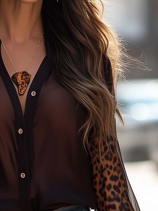 Sheer Leopard Sleeve Button-Up Blouse