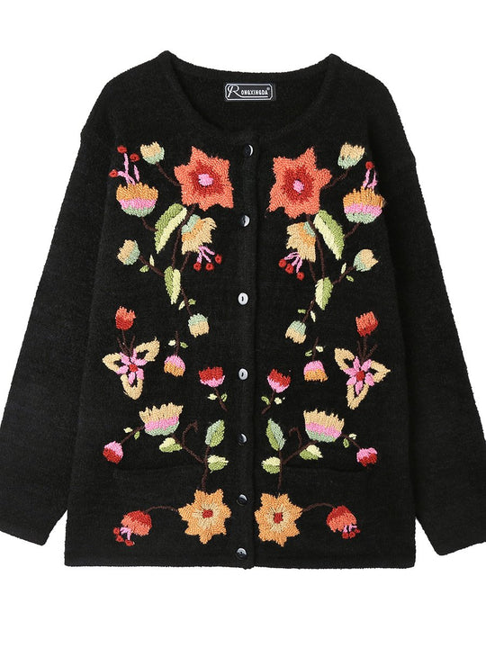 Hand-embroidered Wool Long-sleeved Crew Neck Cardigan