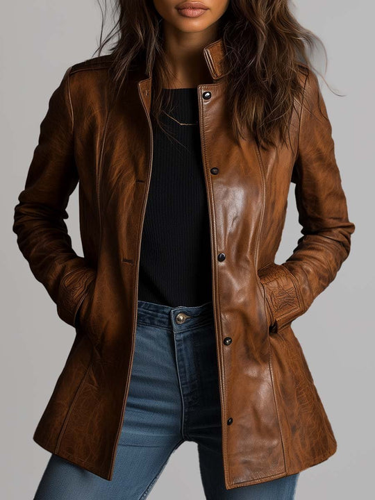 Vintage Stand Collar Leather Jacket