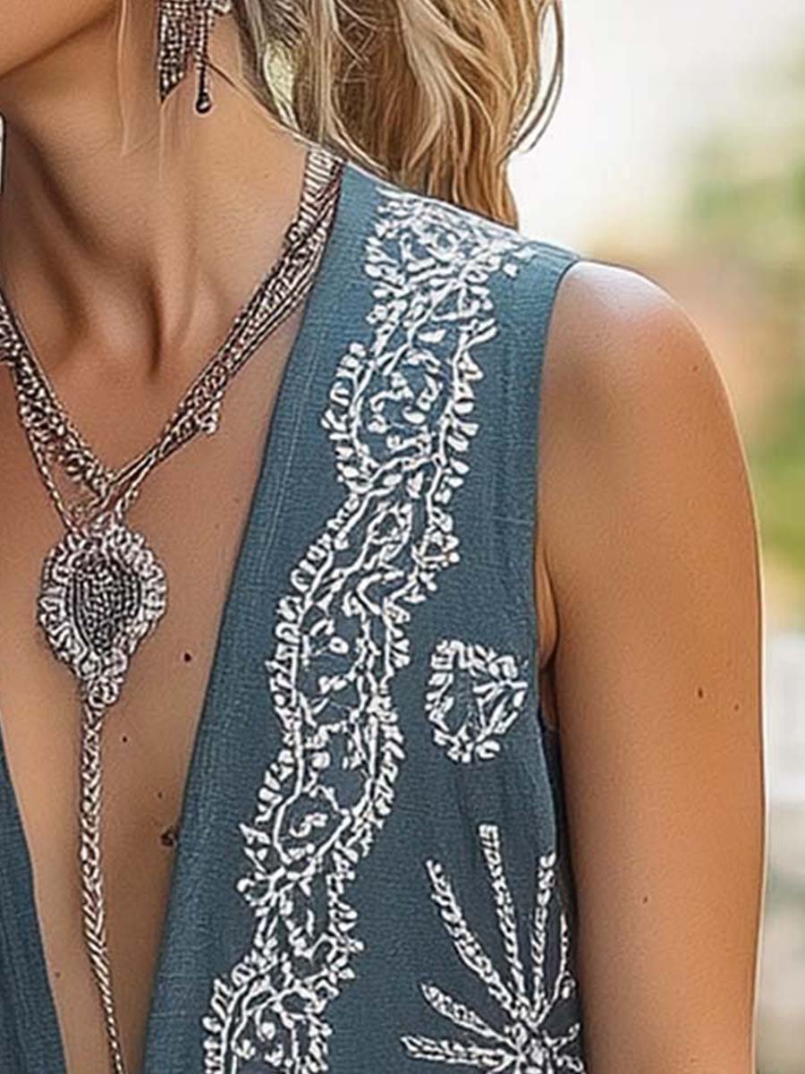 Embroidered Boho Open-Front Linen Vest