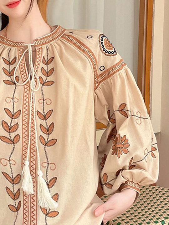 Vintage Cotton and Linen Embroidered Loose Lantern Sleeve Shirt