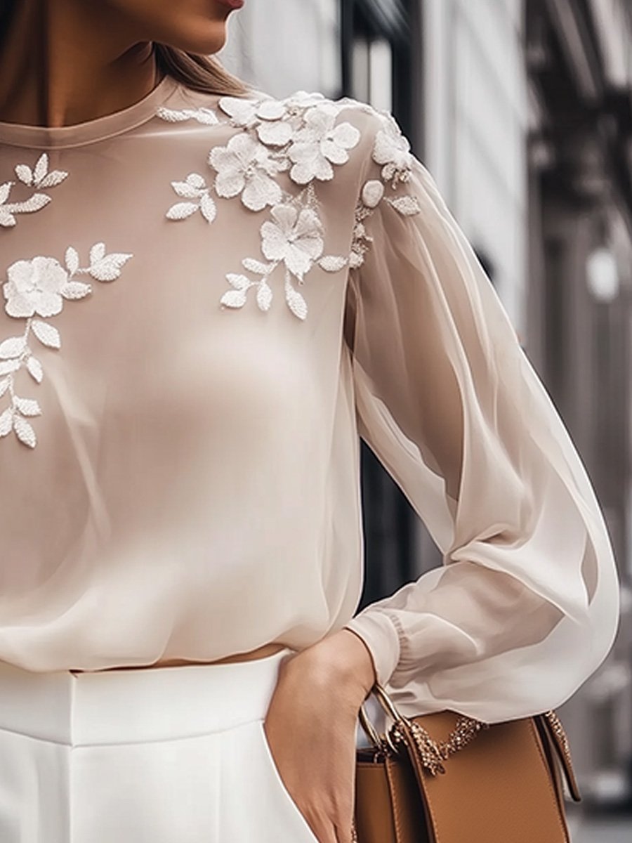 Sheer Floral Appliqué Blouse with Elegant Detailing