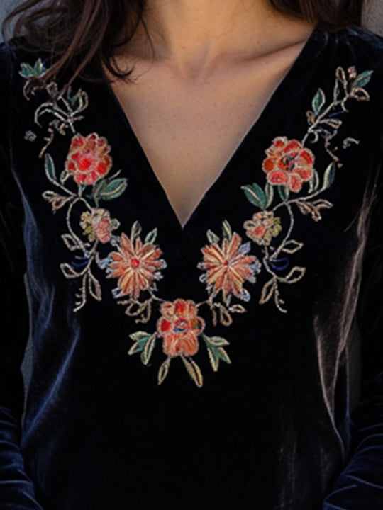 Casual Vintage V-Neck Velvet Embroidered Shirt